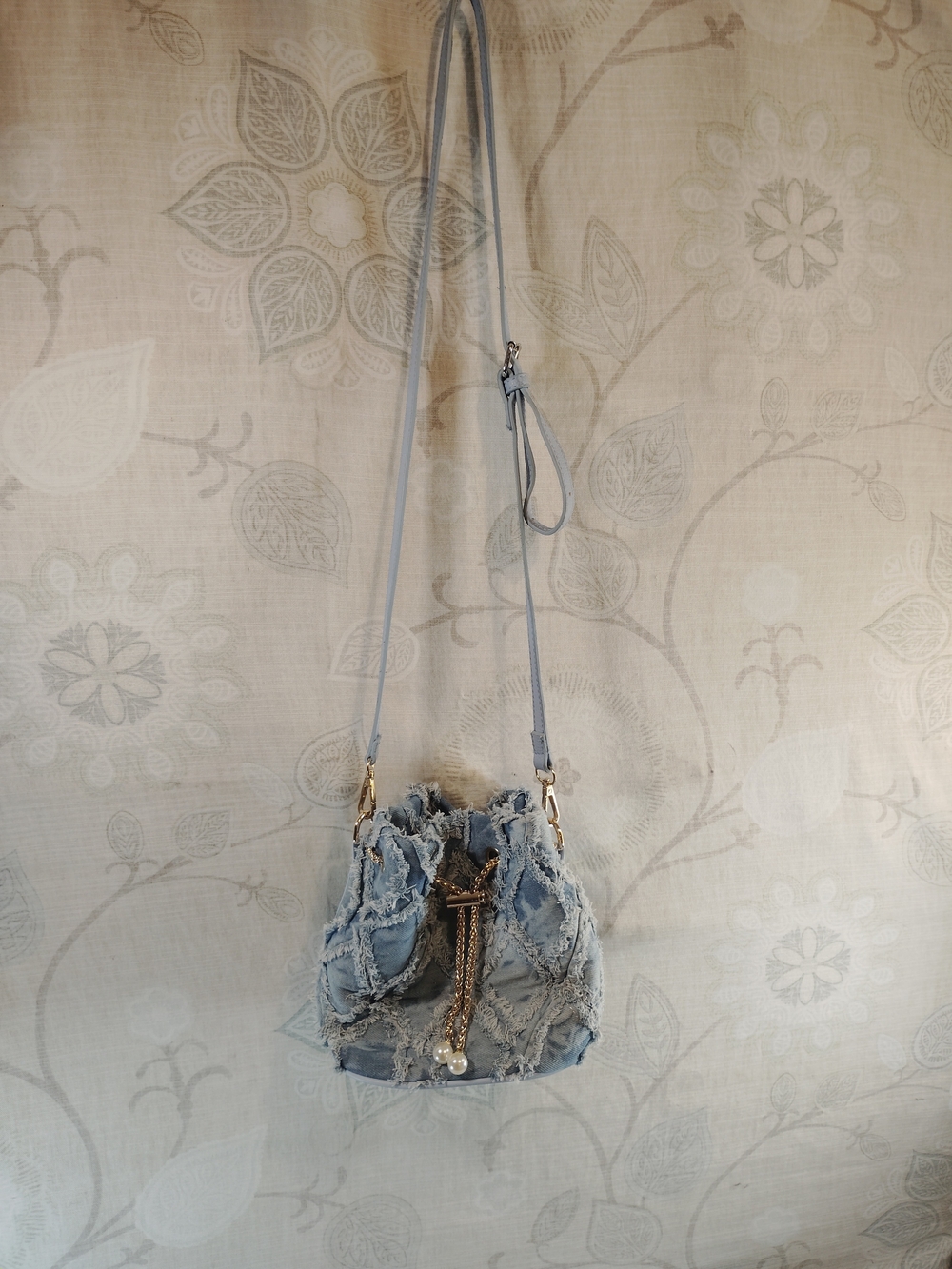 Light Blue Distressed Denim Crossbody Bucket Bag with Gold Chain &Pearl Charms - Picture 2 of 5